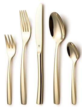 DANIALLI	5-Piece	Entirely	24K	Gold	Plated	Flatware	Set,	Modern	Sleek	Design	Silverware	Set,	18	10	Stainless	Steel	Utensils	Set	of	Golden	Cutlery,	Include	Knife/Fork/Spoon,	Dishwasher	Safe