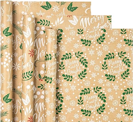 WRAPAHOLIC Kraft Christmas Wrapping Paper Roll - Mini Roll - 3 Rolls - 17 Inch X 120 Inch Per Roll - Christmas Wreath Leaves and Merry Christmas Lettering Holiday Collection