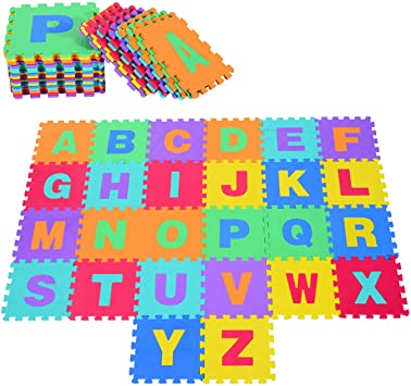 HOMCOM 26 Piezas Alfombra Puzzle para Niños 31x31 cm Colchoneta Suave 2,41 m² Juego Rompecabezas 26 Letras para Bebé Espuma EVA Lavable Colorido