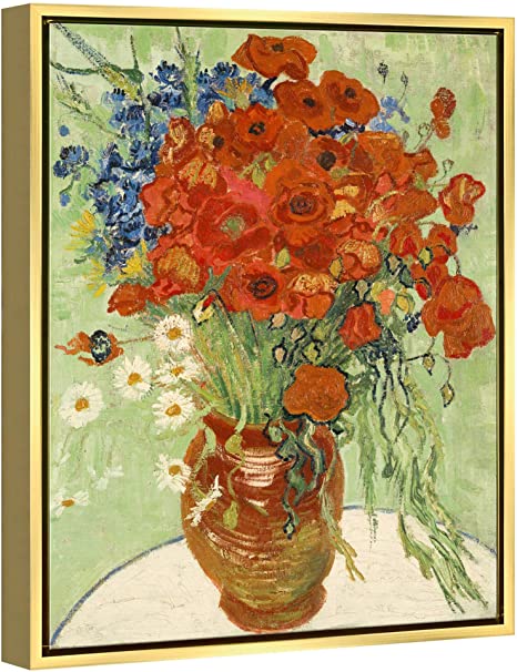 Wieco Art Framed Art Giclee Canvas Prints of Red Poppies and Daisies Canvas Prints Wall Art of Van Gogh Paintings Reproduction Abstract Artwork for Wall Decor Golden Frame VAN-0025-3040GF