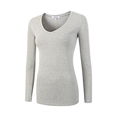 Vetemin Women Basic Fitted Soft Lightweight Long Sleeve Deep V Neck T shirt Tee