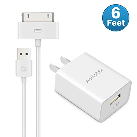 USB Wall Charger, Aasama 2.1A Travel Power Adapter with (6 Feet) 30 Pin to USB Sync and Charging Cable (white)