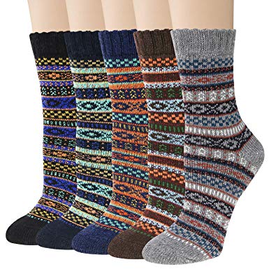 Pack of 5 Womens Wool Socks Cold Weather Vintage Soft Warm Socks Thick Knit Cozy Winter Socks for Women