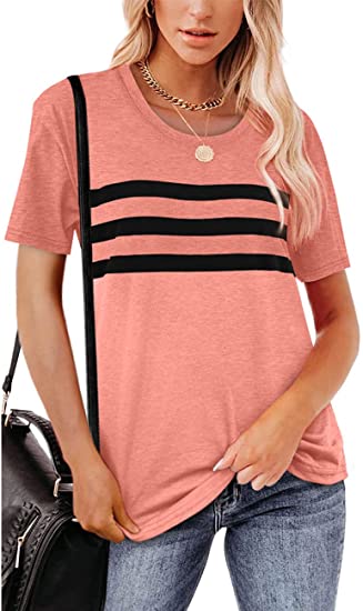 Aokosor Women's Casual Short Sleeve Round Neck Loose Tunic T Shirt Blouse Tops with Pocket