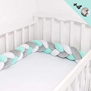 Braided Crib Bumper Soft Pad Flannel Crib Bumper Sleep Bumper Safe for Toddler/Newborn Included Edge & Corner Guards White Grey Mint Green 157in(4Meters)