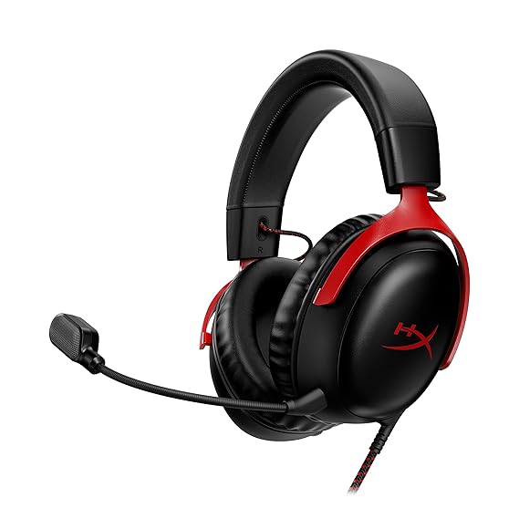 HyperX Cloud III – Wired Gaming Headset, PC, PS5, Xbox Series X|S, Angled 53mm Drivers, DTS, Memory Foam, Durable Frame, Ultra-Clear 10mm Mic, USB-C, USB-A, 3.5mm – Black/Red (727A9AA)