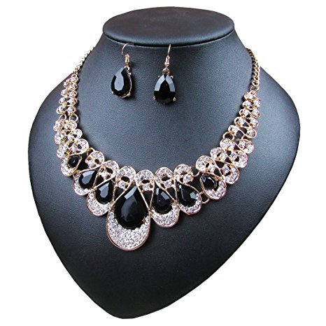 Crystal Glass Water Droplets Large Stones Necklace and Stud Earrings Set for Women (black)