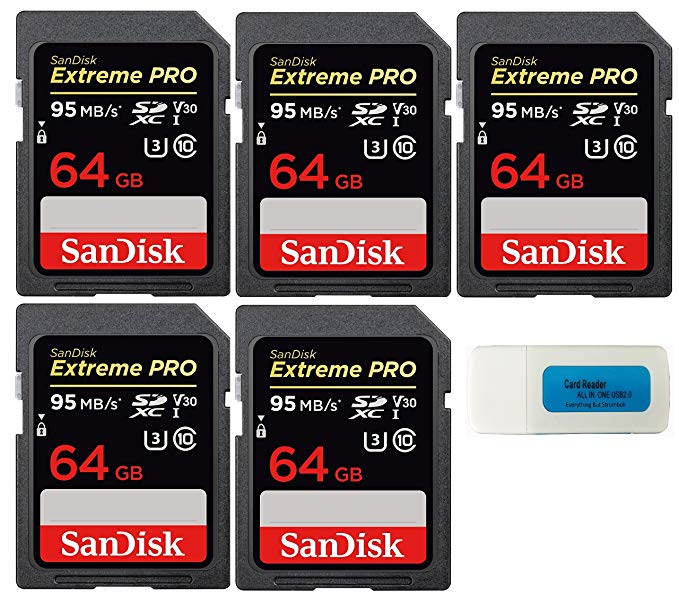 SanDisk 64GB (Five Pack) Extreme Pro Memory Card (SDSDXXG-064G-GN4IN) SDXC 4K V30 UHS-I with Everything But Stromboli (TM) Combo Reader