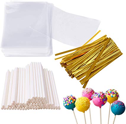Augshy 300 Pcs Set Including 100 Pack Lollipop Treat Sticks,100 Pieces of Lollipop Parcel Bags and 100 Pieces of Wire Lines