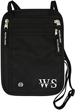 WILLWELL SPORT Neck Wallet Passport Holder & Travel pouch RFID Blocking Waterproof Fabric Black