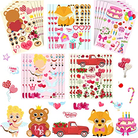 30 Sheets Valentine's Day Make-a-face Sticker Mix and Match Valentine's Day Stickers Heart Teddy Bear Cupid Stickers Make Your Own Stickers Party Games for Kids Valentine's Day Party Decorations