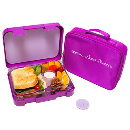 Bento Lunch Box-Purple- by mmm...Lunch Buddies-Double Leak Proof Container-New Dual Latch-Great for Kids or Adults-Carrying Lunch Bag-Healthy Portion Plate-4 Compartment-Microwave-Dishwasher