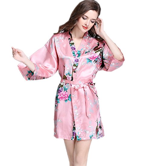 SexyTown Women's Kimono Robe - Peacock & Blossoms Short Style