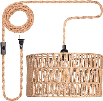 Hanging Lamps Rattan Pendant Light: Hanging Lights 16ft Plug In Cord Pendant Light Fixture Plug Into Wall Outlet Pendant Lighting With On Off Switch for Bedroom Living Room Kitchen-Cylindrical