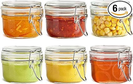 ComSaf 4oz Small Airtight Glass Jars Set of 6 with Lids Food Storage Jar Round - Mini Storage Container with Clear Preserving Seal Wire Clip Fastening for Kitchen Canning, Jam, Spice, Honey