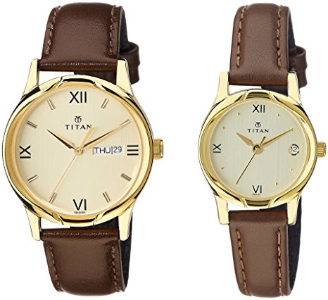 Titan Analog Gold Dial Pair Watch - NE15802490YL05