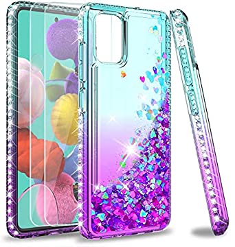 LeYi for Samsung Galaxy A51 Case and 2 Tempered Glass Screen Protector, Girl 3D Clear Glitter Quicksand Cute Personalised Silicone TPU Shockproof Phone Cover for Samsung Galaxy A511 Blue Purple