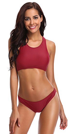 SHEKINI Women's Sport Patchwork Racerback Bikini Cheeky Bikini Bottom Two Piece Swimsuit Suits