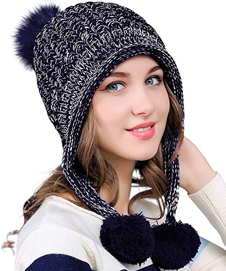 Urban CoCo Women's Winter Cable Knitted Pom Pom Beanie Hat Earflap Caps