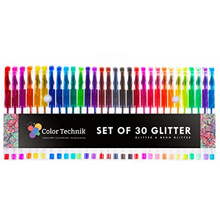 Glitter Gel Pens by Color Technik, Set of 30 Glitter Pens, Best Assorted Colors, Now with More Ink. Large Glitter Set on Amazon, Enhance Your Adult Coloring Book Experience Now! Perfect Gift Idea!