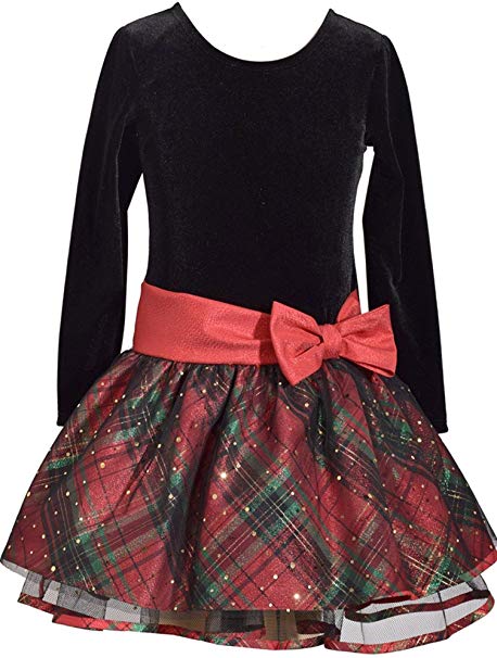 Bonnie Jean Long Sleeve Christmas Dress with Black Velvet and Red Tartan Plaid