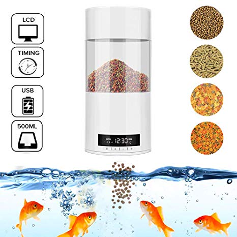 Volwco Automatic Fish Feeder, 500ML Moisture-Proof Electric Auto Fish Feeder with Timer for Aquarium Fish Turtle Tank, Vacation & Weekend Fish Food Dispenser