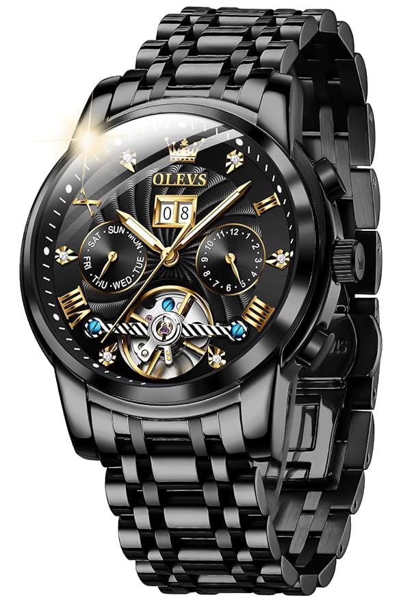 OLEVS Automatic Watches for Men Diamond Skeleton Mechanical Tourbillon Self Winding Luxury Dress Wrist Watches Calendar Luminous Waterproof