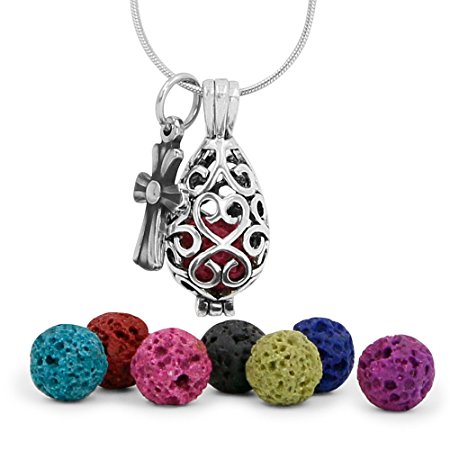 Maromalife Premium Teardrop Lava Stone Aromatherapy Essential Oil Diffuser Necklace Locket Pendant Gift Set with 24" Chain and Multi-Colored Beads