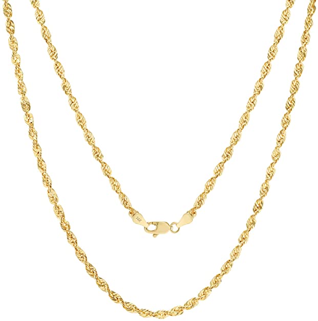 Nuragold 14k Yellow Gold 3mm Rope Chain Diamond Cut Italian Pendant Necklace, Mens Womens Lobster Lock 16" 18" 20" 22" 24" 26" 28" 30"