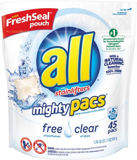 All Mighty Pacs Free Clear, Super Concentrated Laundry Detergent Packs, 45 Count