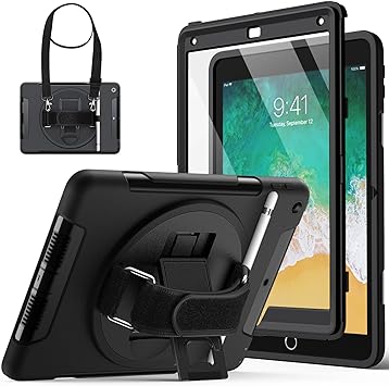 JETech Case for iPad 9.7-Inch (6th/5th Generation, 2018/2017 Model) with Built-in Screen Protector, Protective Shockproof Rugged Tablet Cover, 360° Rotating Hand Strap Stand (Black)