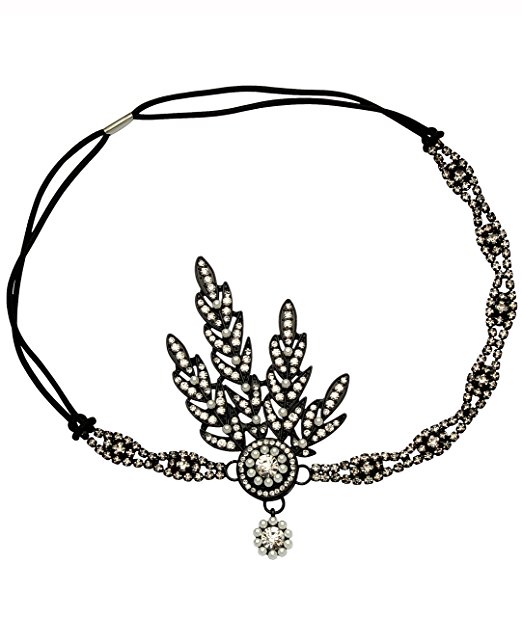 BABEYOND Art Deco 1920's Flapper Great Gatsby Inspired Leaf Medallion Pearl Headpiece Headband Black