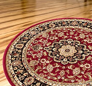 Persian Classic Red Burgundy 7'10'' ROUND Area Rug Oriental Floral Motif Detailed Classic Pattern Antique Living Dining Room Bedroom Hallway Office Carpet Easy Clean Traditional Soft Plush Quality