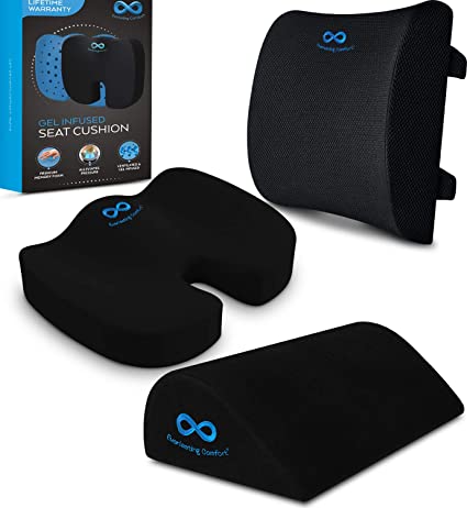 Everlasting Comfort Lumbar Support Pillow for Office Chair and Gel Infused Memory Foam Seat Cushion and Office Foot Rest Under Desk Bundle