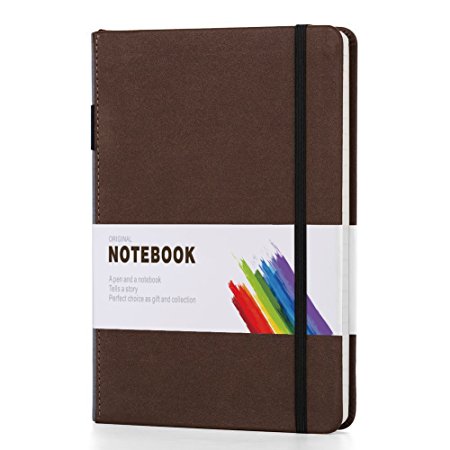Thick Classic Notebook with Pen Loop - A5 Wide Ruled Leather Hardcover Writing Notebook with Pocket Elastic Closure Banded, Large, Bookmark, 200 Pages, 8.4 x 5.7 Leather Notebooks (Brown)