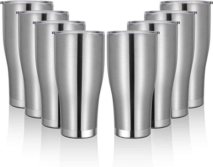 DOMICARE 30oz 8 pack Tumblers Bulk with Lid, Stainless Steel Insulated Travel Mug, Double Wall Coffee Cup ，Durable Powder Coated Insulated Tumbler Cup for Ice and Hot Drink (Stainless Steel)
