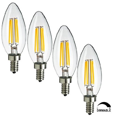 SooFoo E12 Candelabra Base 4W Dimmable COB LED Filament Candle Light Bulb,2700K Warm White 400LM,40W Incandescent Replacement,4 Pack