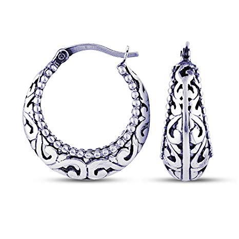 Charmsy Sterling Silver Jewelry Filigree Cut Click Top Hoop Earring for Teen Girl And Women