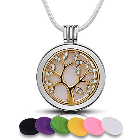 INFUSEU Tree of Life Essential Oil Diffuser Necklace Cubic Zirconia Locket Pendant Aromatherapy Jewelry set for Women, 6 PCS Refill Felt Pads