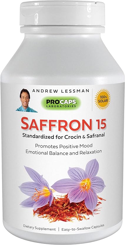 ANDREW LESSMAN Saffron 15mg - 120 Capsules - Standardized Extract. Promotes Positive Mood and Emotional Balance. Relaxation and Quality Sleep. No Additives. Small Easy to Swallow Capsules.