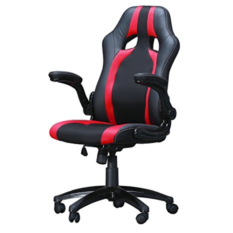 DEVAISE Executive Office Chair High Back Swivel Chair with PU Leather and Mesh Cover / Black and Red