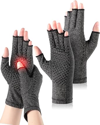 SATINIOR 2 Pairs Compression Rheumatoid Gloves Fingerless Pain Relief Arthritis Glove Non Slip Grey Winter Warmth Glove Rehabilitation Wrist Support Carpal Tunnel Glove for Women Men