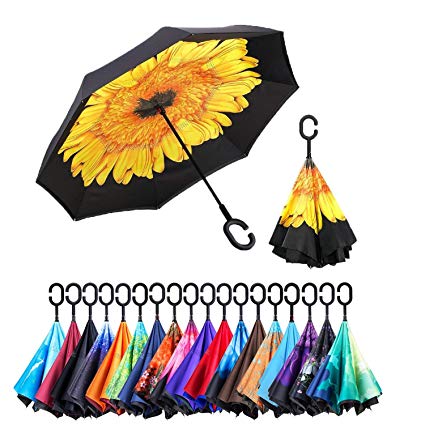 XIAOMOGU Creative Double Layer Inverted Umbrella Cars Reverse Umbrella, Windproof UV Protection Inverted Umbrella for Car Rain Outdoor Hands Free Handle with Carrying Bag