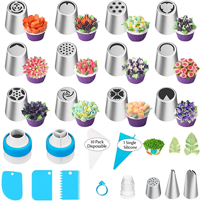 Ouddy Russian Piping Tips Set Baking Supplies, 38Pcs Cake Decorating Tips Kit with 12 Icing Flower Piping Tips, 2 Leaf Piping Tips, 1 Grass Tip, 3 Couplers, 3 Icing Smoothers, 11 Pastry Bags