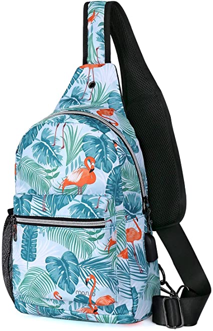 MOSISO Sling Backpack Shoulder Bag with USB Port, Flamingo