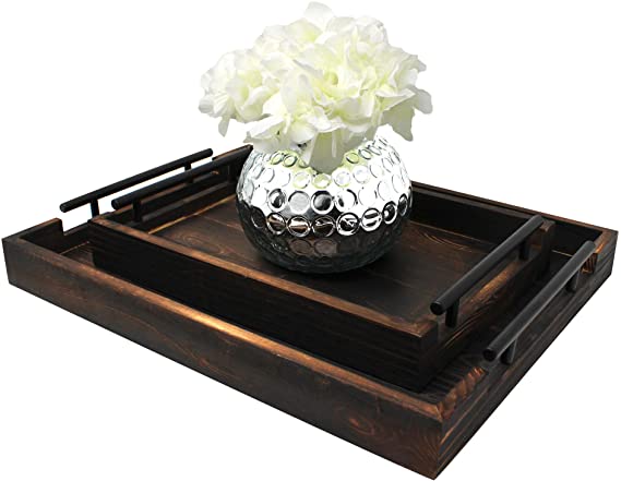 Serving Tray Set of 2 by East World (Large 17"x13" and Medium 13"x9", Torched Light Black)