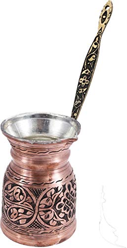 Handcraftideas0 Hand Made Engraved Sturdy Copper Turkish Greek Arabic Armenian Coffee Pot - Stovetop Coffee Maker Cezve Ibrik Briki with Brass Handle -14 fl. Oz(400ml)- (CP-108)