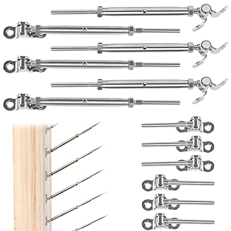 Muzata 6Pairs Cable Railing Kit 1/8" Swage Toggle Turnbuckle Hardware T316 Stainless Steel for Wood Post WoodEasy System Angle 180° Adjustable Stairs Deck 6 Cable Lines CK07 NN1,CA4 CA5