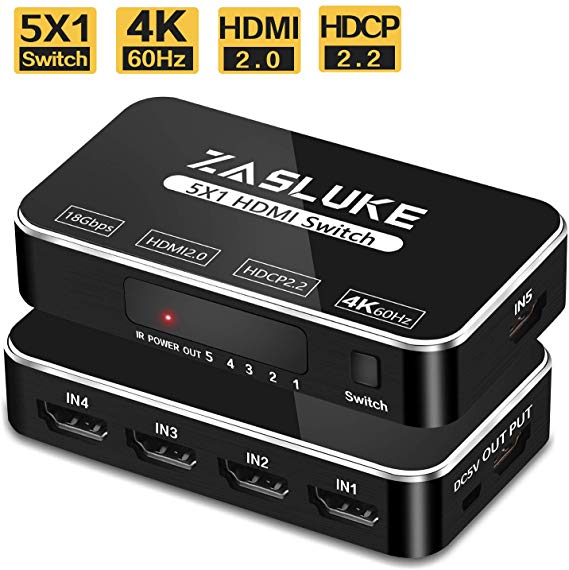ZasLuke HDMI Switch 5 in 1 Out, HDMI 2.0 Switcher with IR Wireless Remote, Support 4K@60Hz, Full HD 1080P, HDR, HDCP 2.2 for PS4, Nintendo, Xbox 360 and More