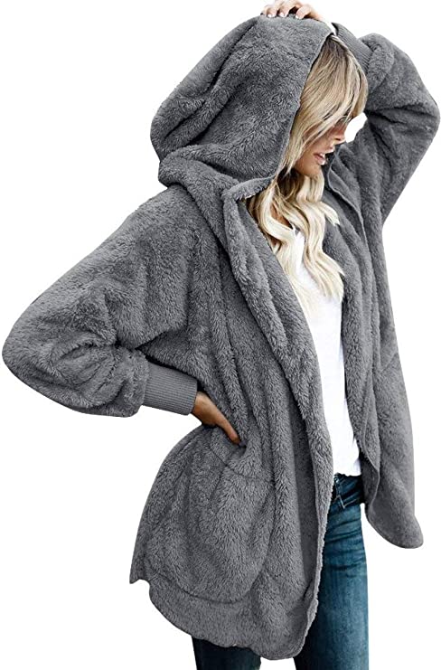 Womens Fuzzy Jacket Sherpa Coat Open Front Hooded Cardigan Outwear with Pockets